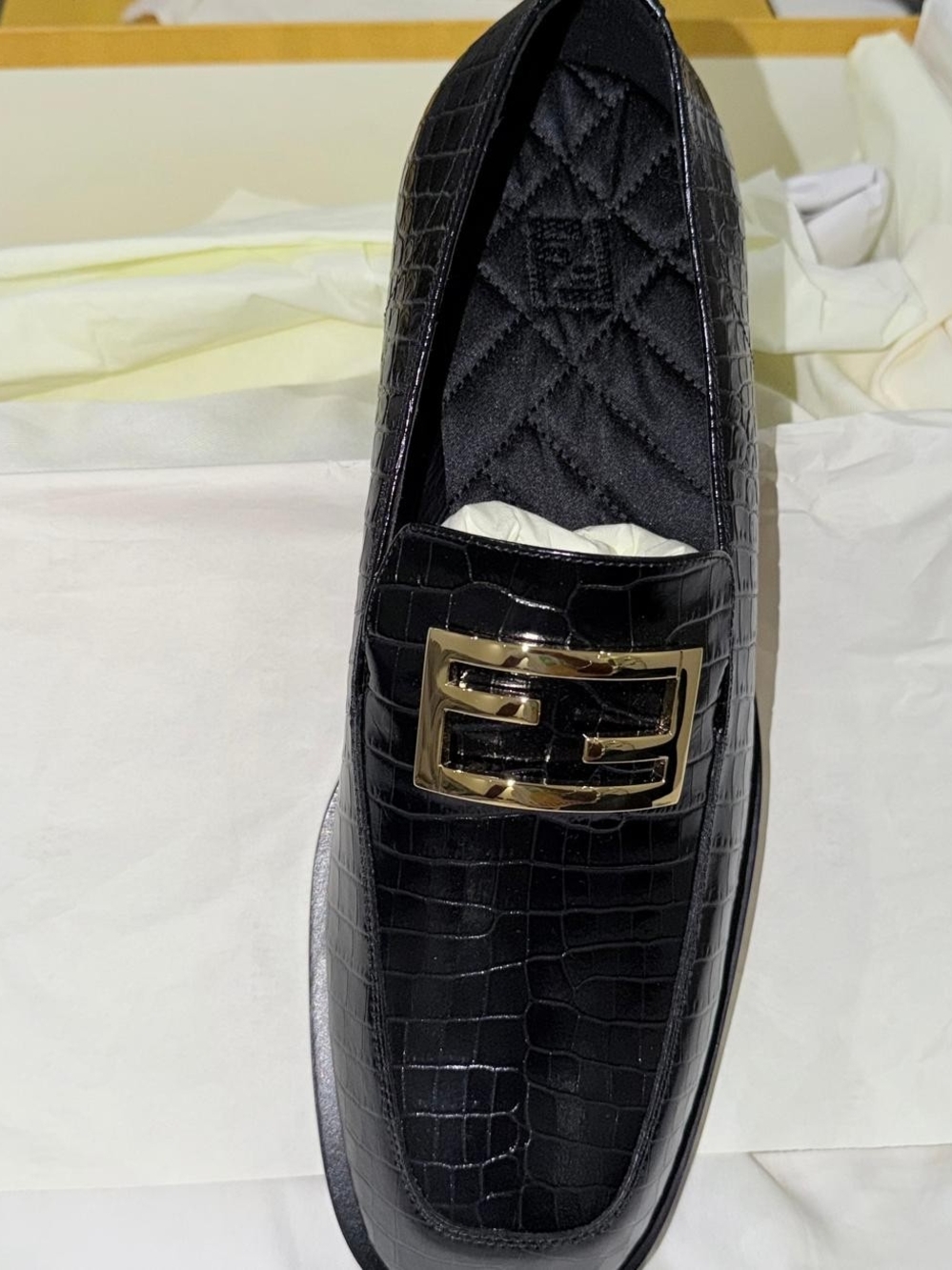 Fendi Black Croc-Embossed Men's Loafer with Gold Accent